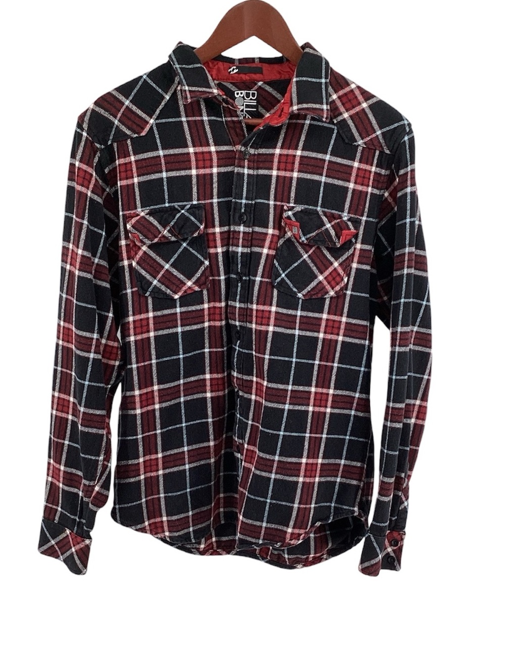 💚 Billabong Black Red Plaid Flannel Shirt - Size L